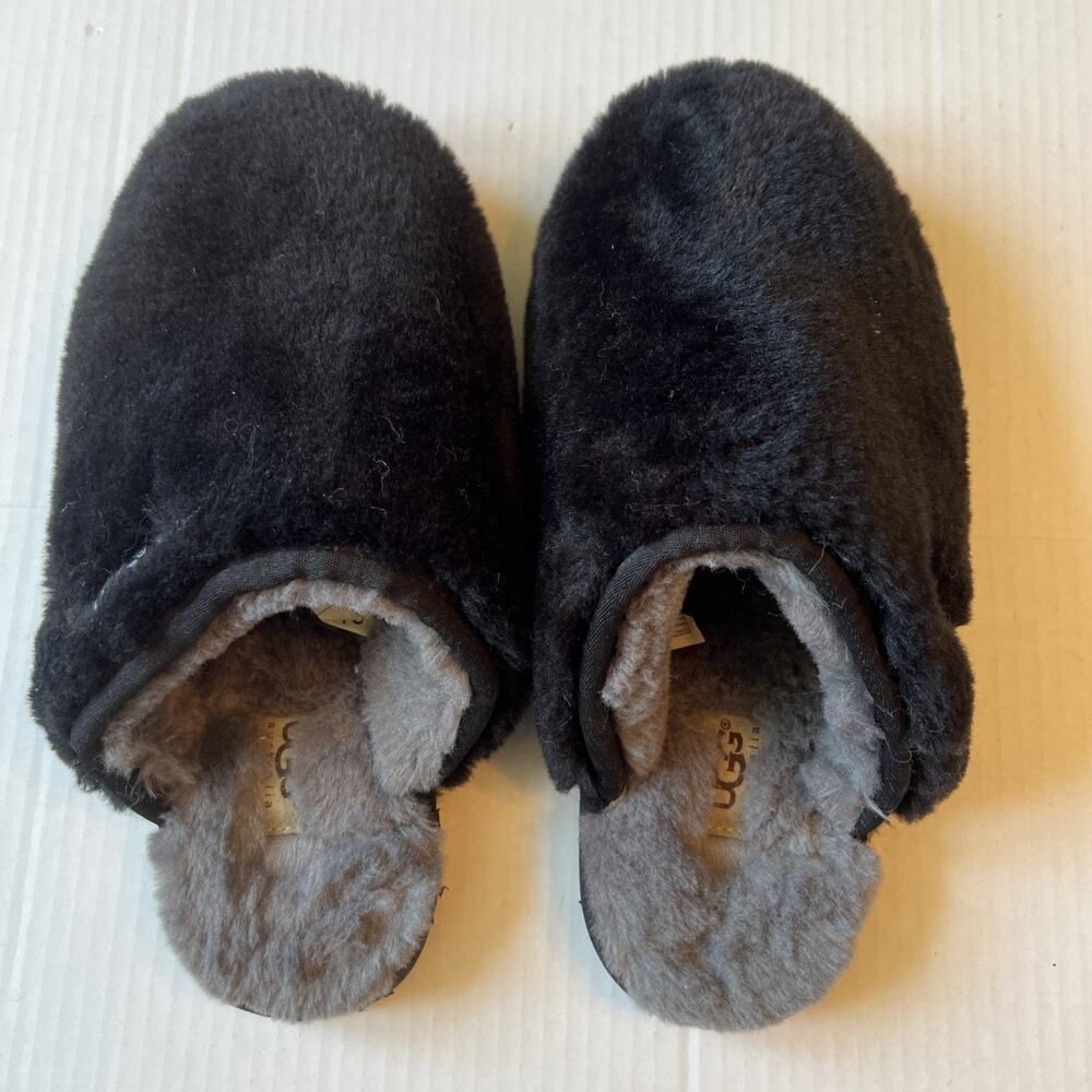 UGG Australia 9/ 40 Womens Fluffette Slipper Gray Black Wool Slip On Flat EUC